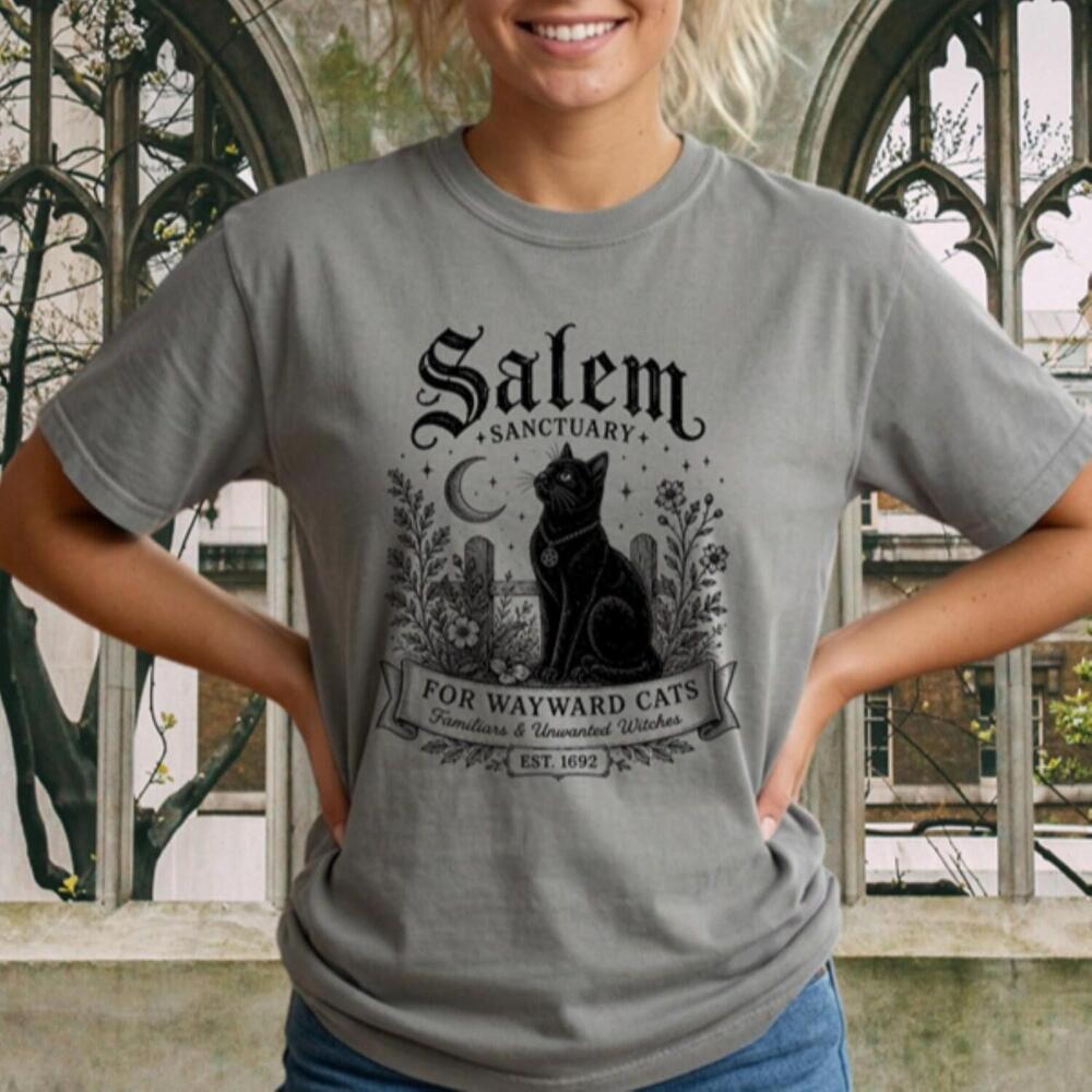 S Halloween Salem Sanctuary Black Cat Shirt, Wayward Cats Halloween Gothic Tee